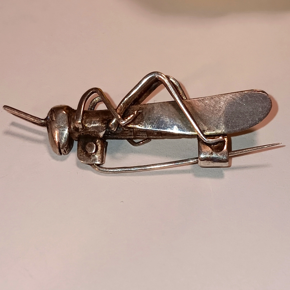 Handmade Artisan Sterling Silver Grasshopper Pin Brooch